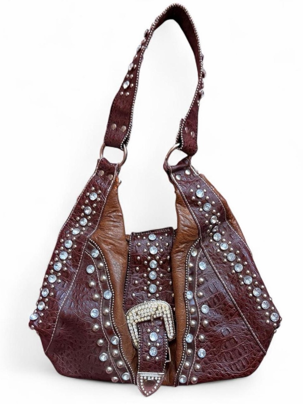 Y2K Western Cowgirl Mcbling Bimbo Goth Rhinestone Buckle Hand Shoulder Hobo Bag